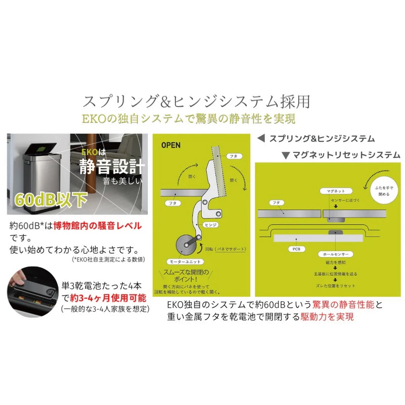 EKO JAPAN 自動開閉ゴミ箱 デラックスミラージュ Tセンサービン 45L シルバー EK9378MMT-45L 1台（ご注文単位1台）【直送品】