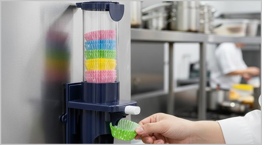 カップディスペンサーを使って一枚ずつ取り出せるようにする