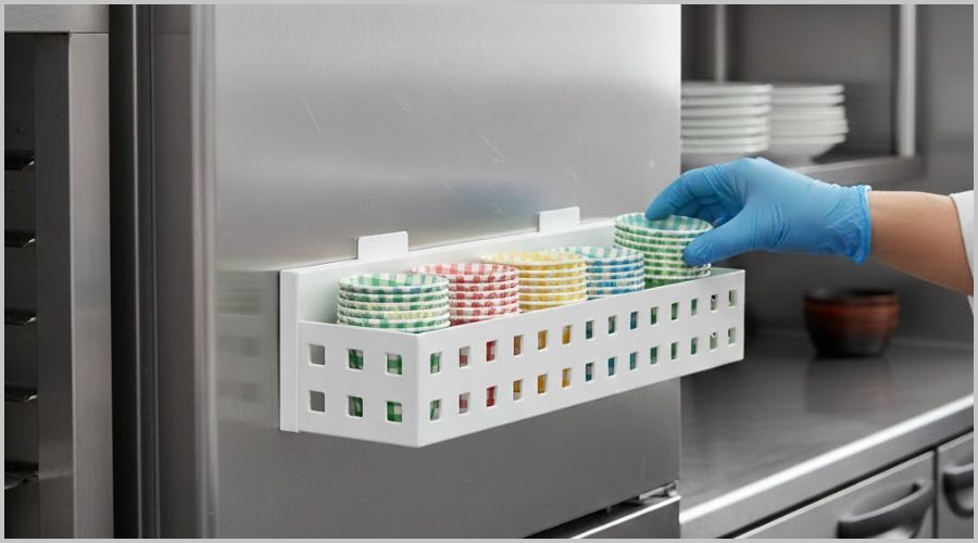 磁石付きケースで冷蔵庫や金属面に貼り付けて収納する